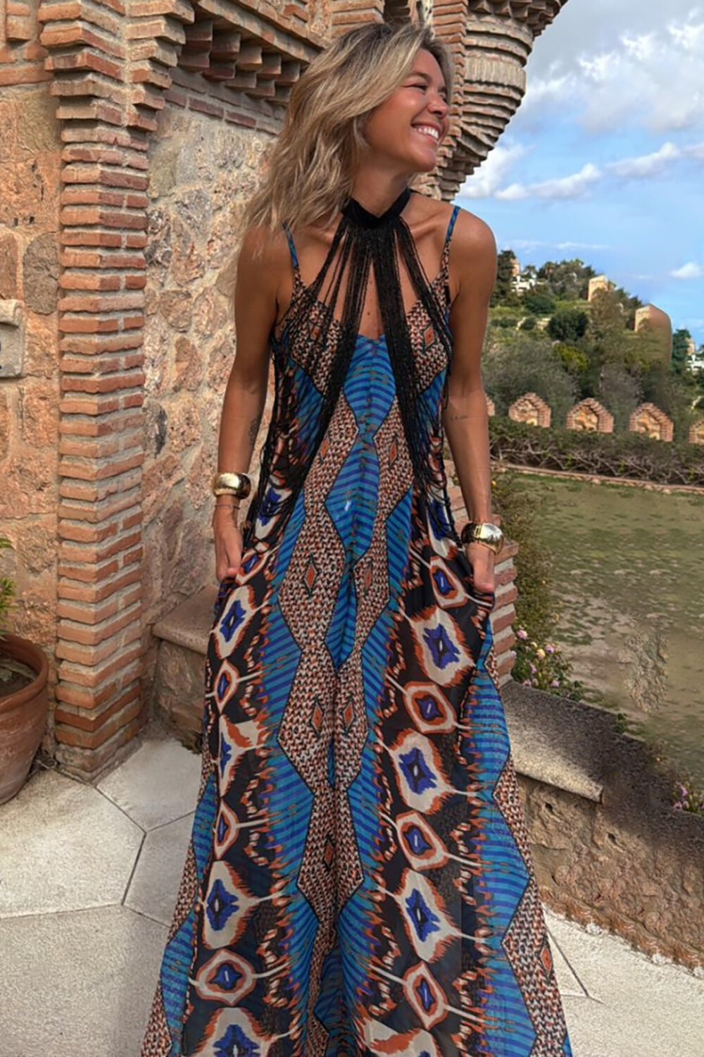 Halter Fringed Decor Graphic Print Slip Maxi Dresses-Blue [Pre Order]