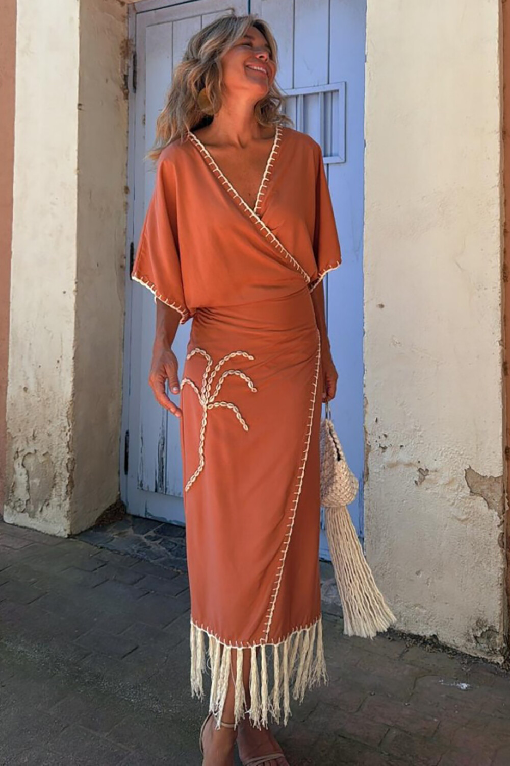 V Neck Half Sleeve Slim Fit Fringed Hemline Maxi Dresses-Orange [Pre Order]