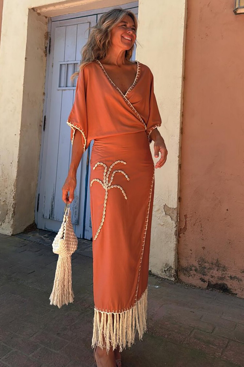 V Neck Half Sleeve Slim Fit Fringed Hemline Maxi Dresses-Orange [Pre Order]