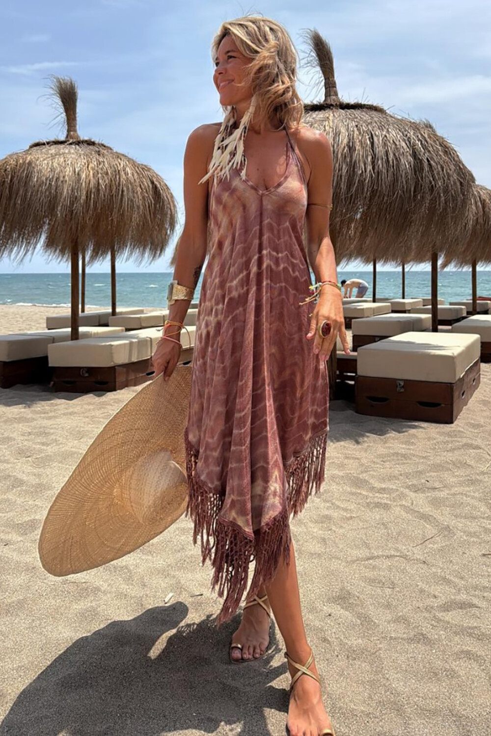 Striped Print Halter Neck Fringed Hemline Midi Dresses-Burgundy [Pre Order]