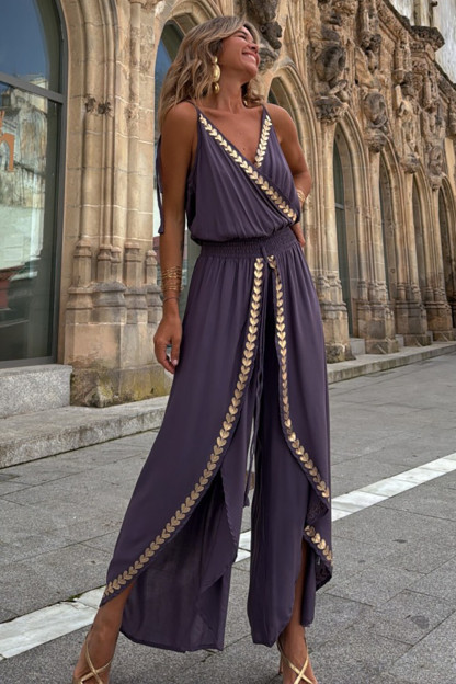 Metal Leaf Trim V Neck Slit Wide Leg Cami Jumpsuit-Purple