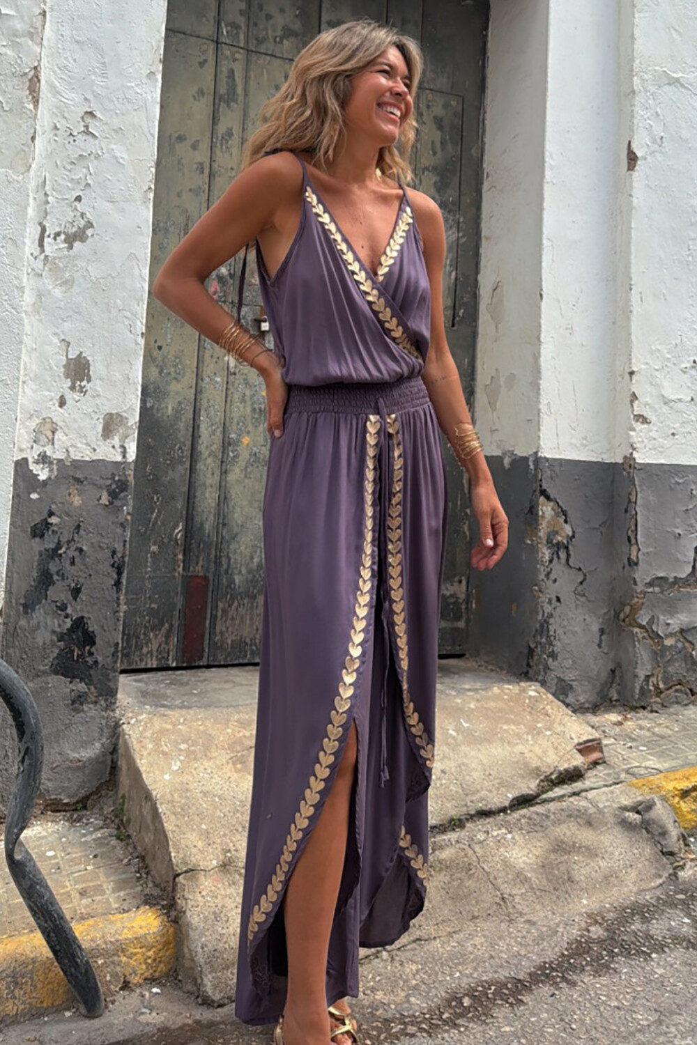 Metal Leaf Trim V Neck Slit Wide Leg Cami Jumpsuit-Purple