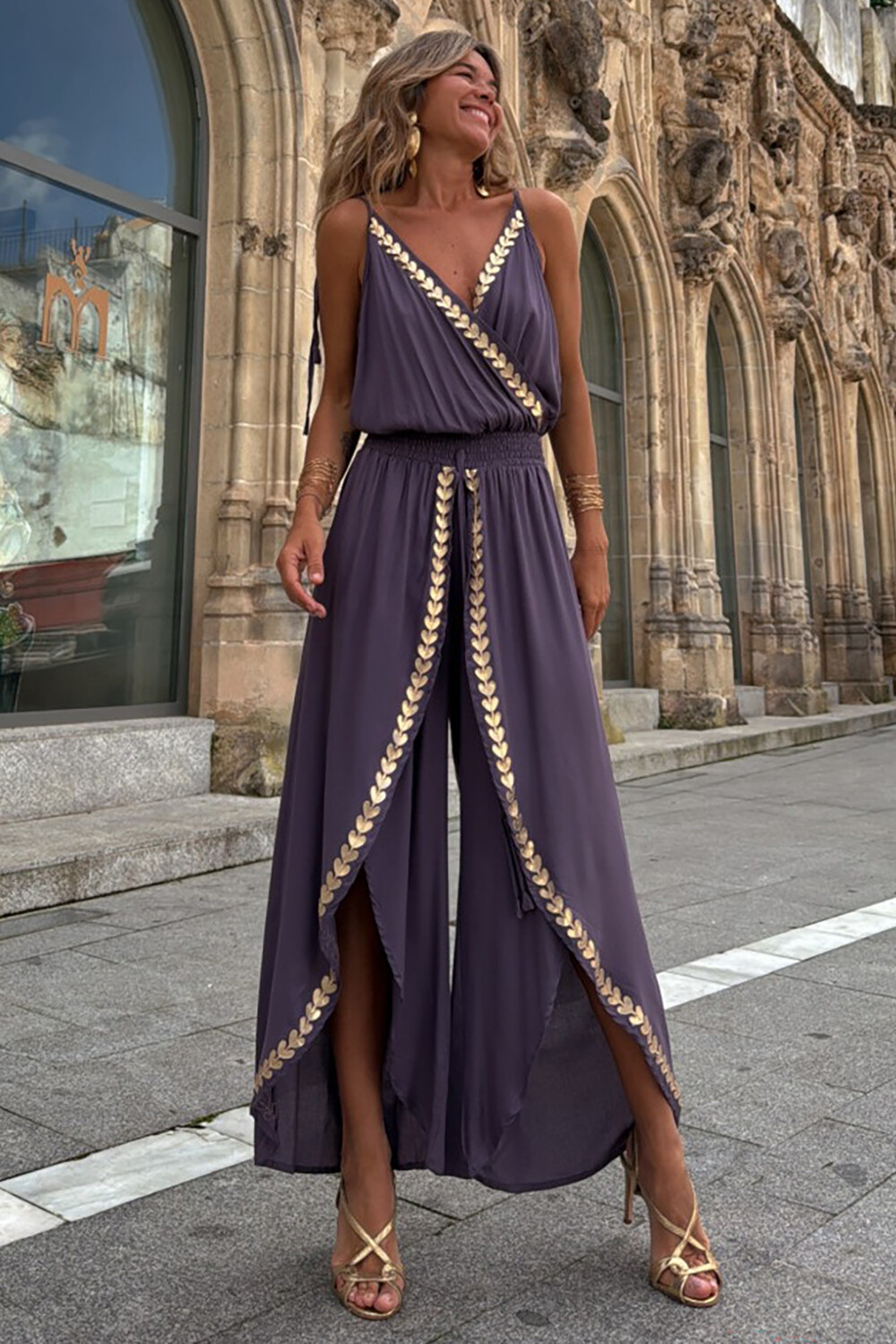 Metal Leaf Trim V Neck Slit Wide Leg Cami Jumpsuit-Purple