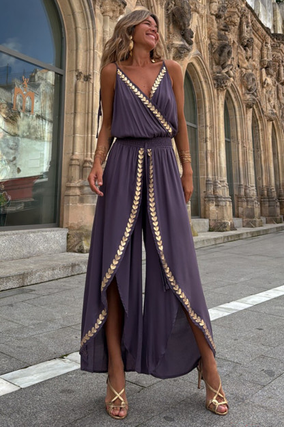 Metal Leaf Trim V Neck Slit Wide Leg Cami Jumpsuit-Purple