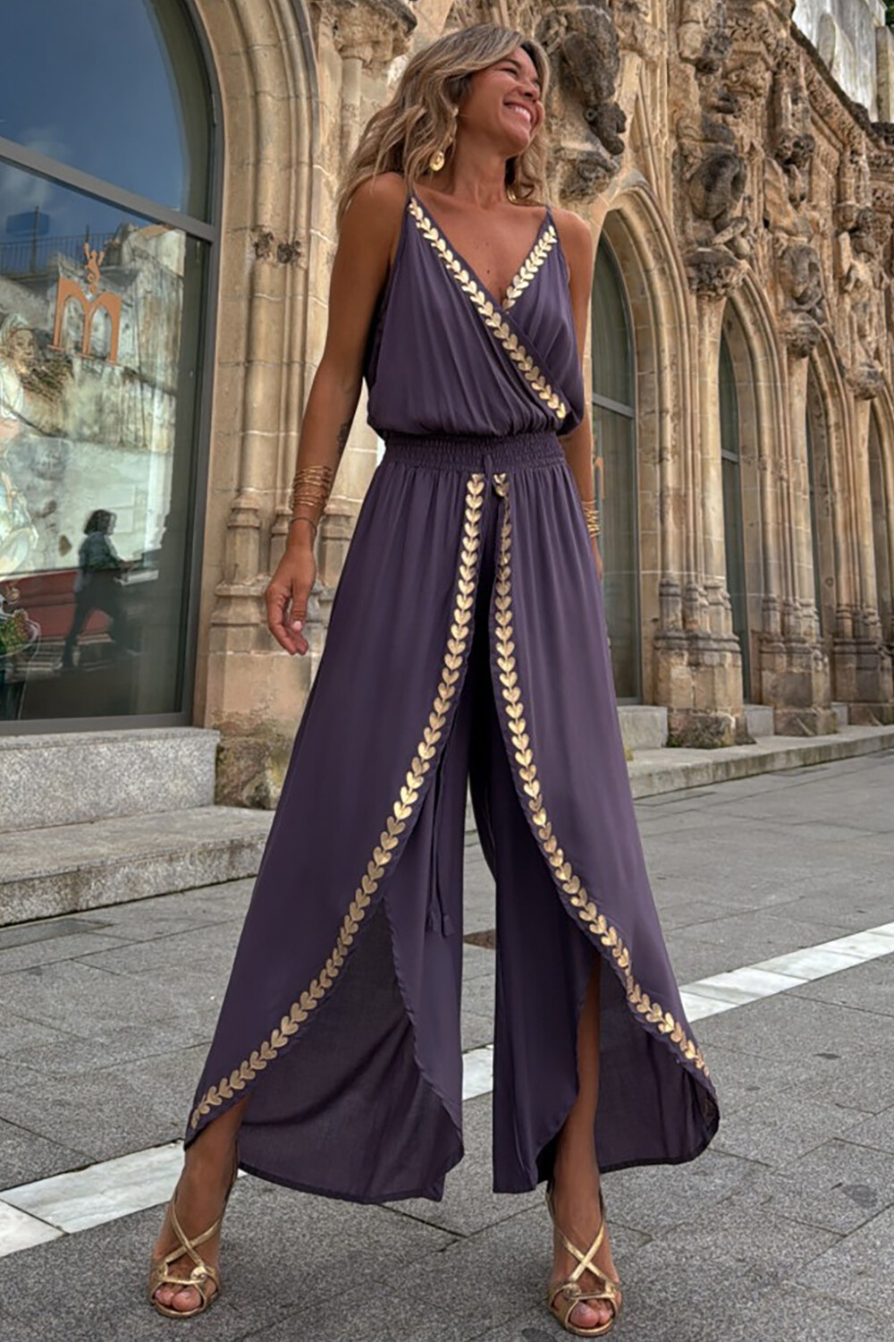 Metal Leaf Trim V Neck Slit Wide Leg Cami Jumpsuit-Purple