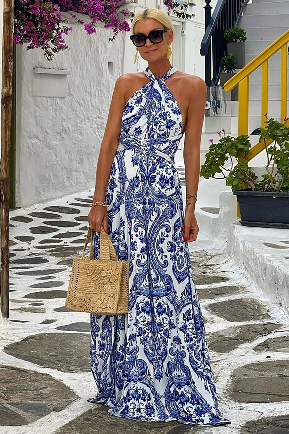 Porcelain Print Halter Neck Vacation Maxi Dresses-Blue