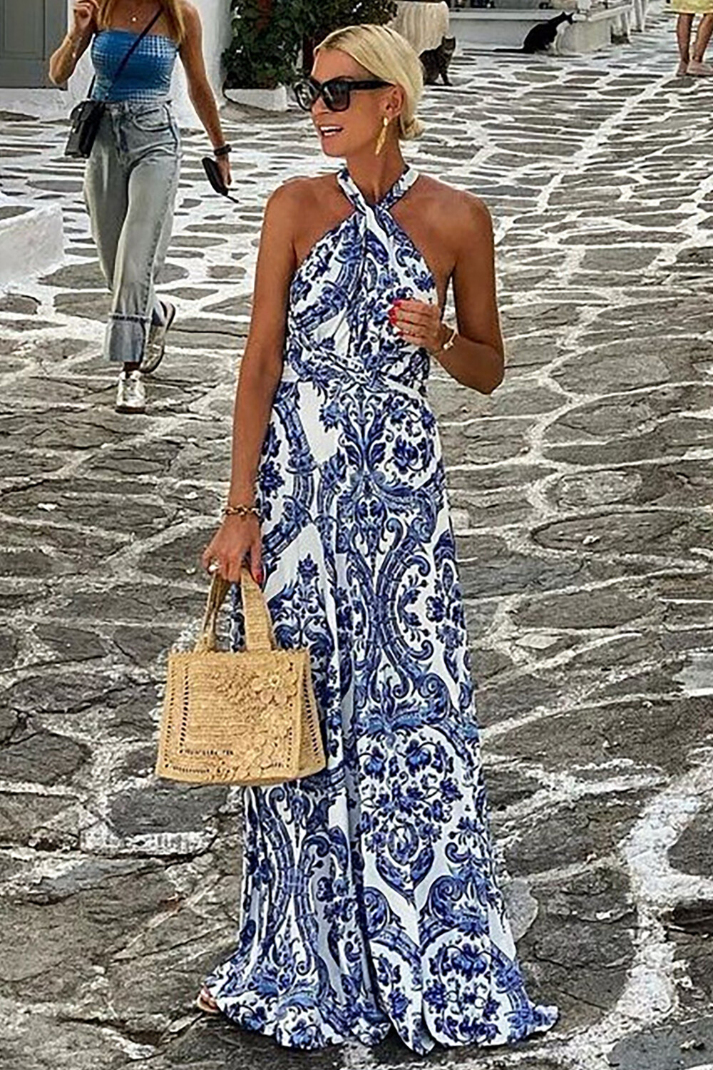 Porcelain Print Halter Neck Vacation Maxi Dresses-Blue