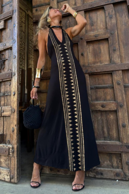 V Neck Halter Geometric Print Slim Fit Maxi Dresses-Black