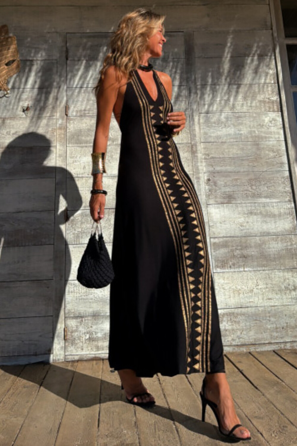 V Neck Halter Geometric Print Slim Fit Maxi Dresses-Black