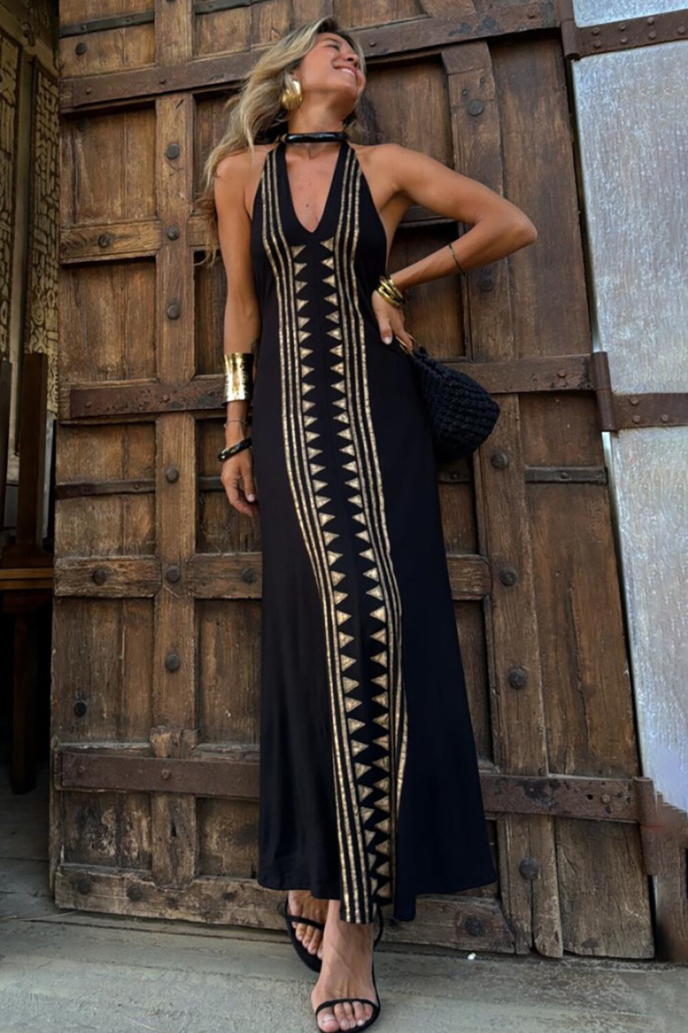 V Neck Halter Geometric Print Slim Fit Maxi Dresses-Black