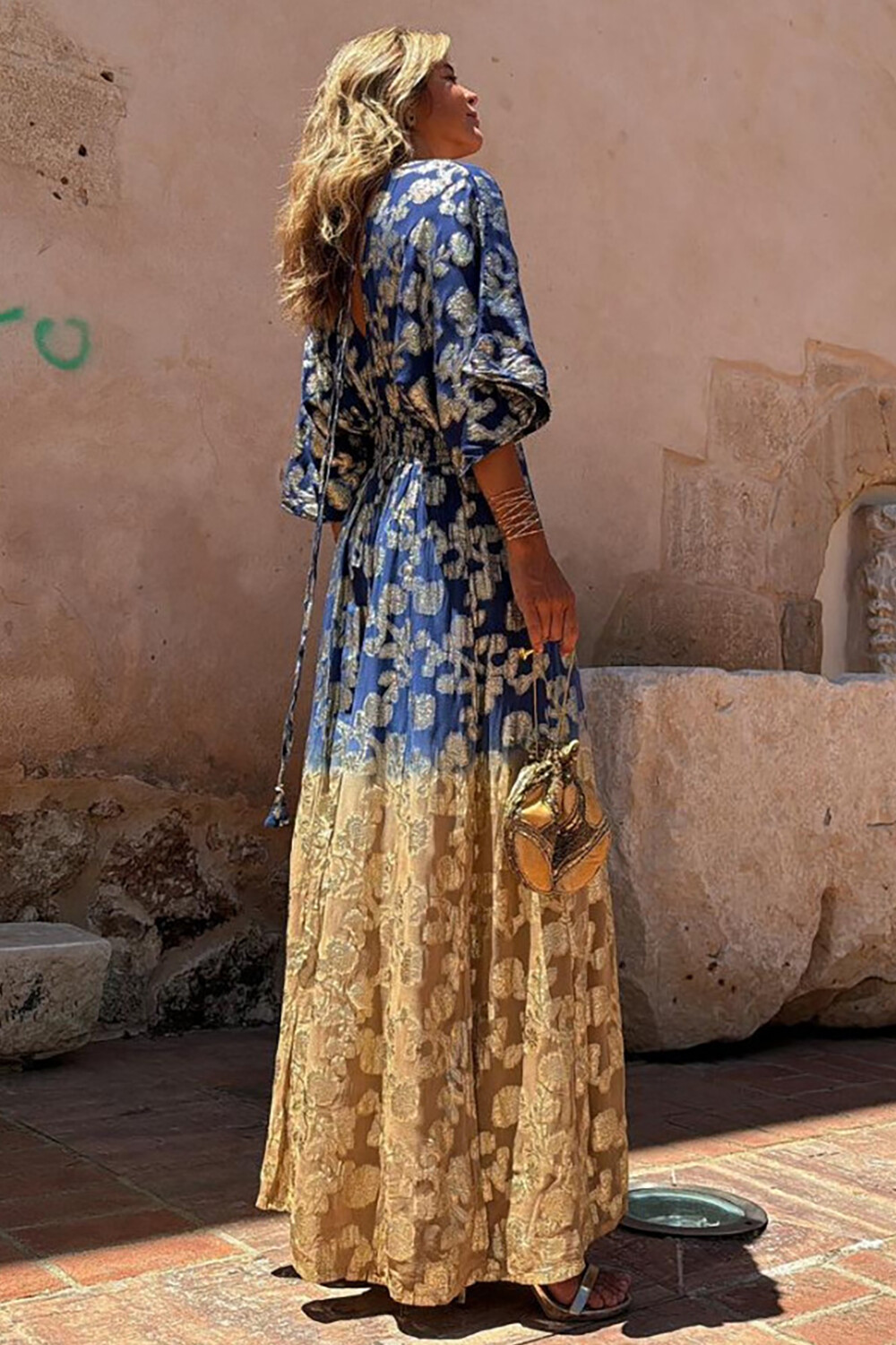 Floral Pattern V Neck 3/4 Sleeve Colorblock A-Line Maxi Dresses-Yellow