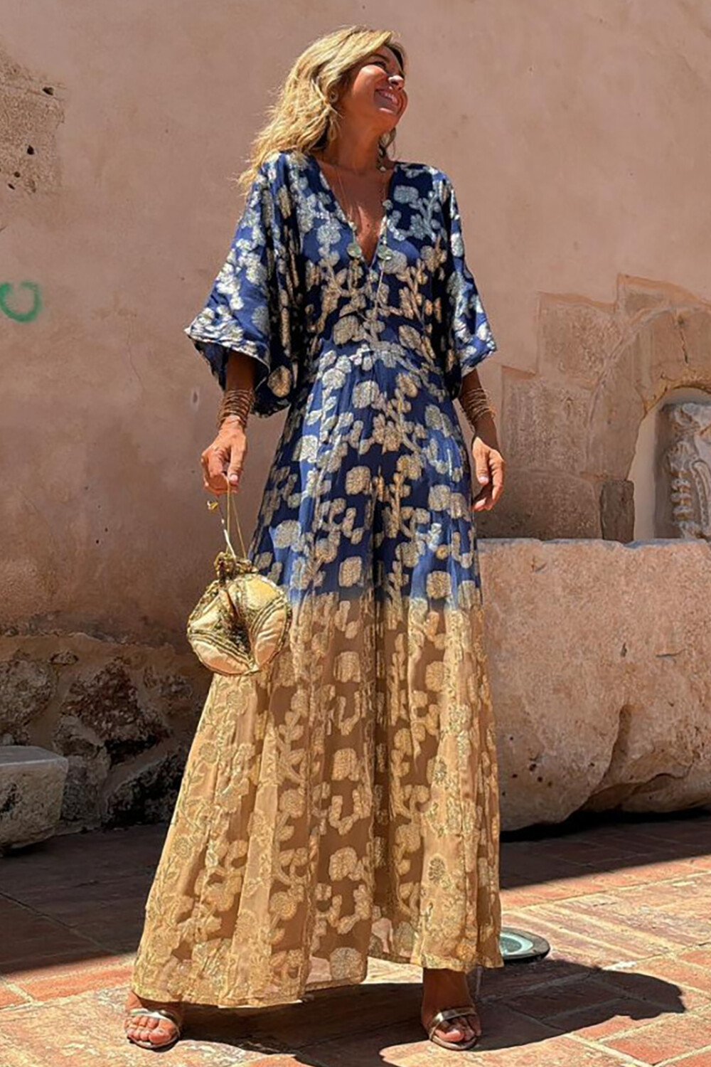 Floral Pattern V Neck 3/4 Sleeve Colorblock A-Line Maxi Dresses-Yellow