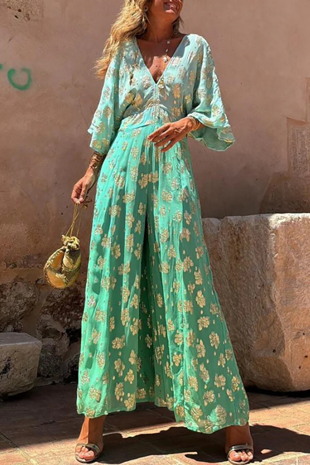 Floral Pattern V Neck 3/4 Sleeve Colorblock A-Line Maxi Dresses-Yellow