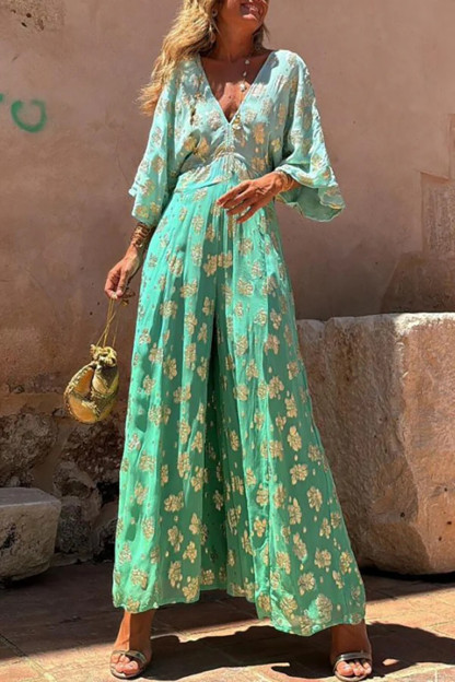 Floral Pattern V Neck 3/4 Sleeve Colorblock A-Line Maxi Dresses-Yellow