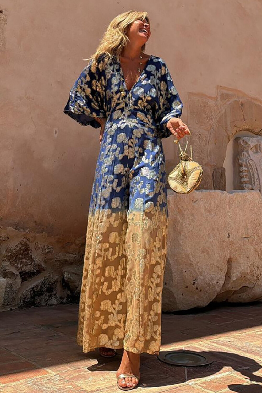 Floral Pattern V Neck 3/4 Sleeve Colorblock A-Line Maxi Dresses-Yellow