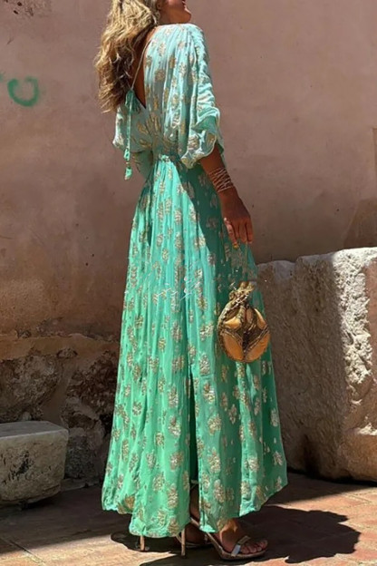 Floral Pattern V Neck 3/4 Sleeve Colorblock A-Line Maxi Dresses-Yellow