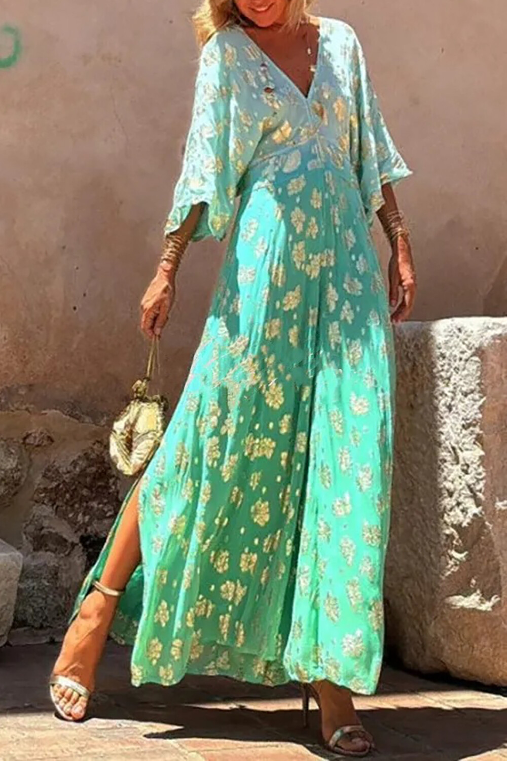 Floral Pattern V Neck 3/4 Sleeve Colorblock A-Line Maxi Dresses-Yellow
