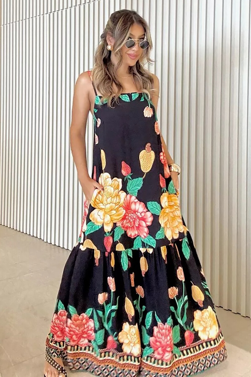 Boat Neck Floral Print Loose Fit Strappy Maxi Dresses-OffWhite