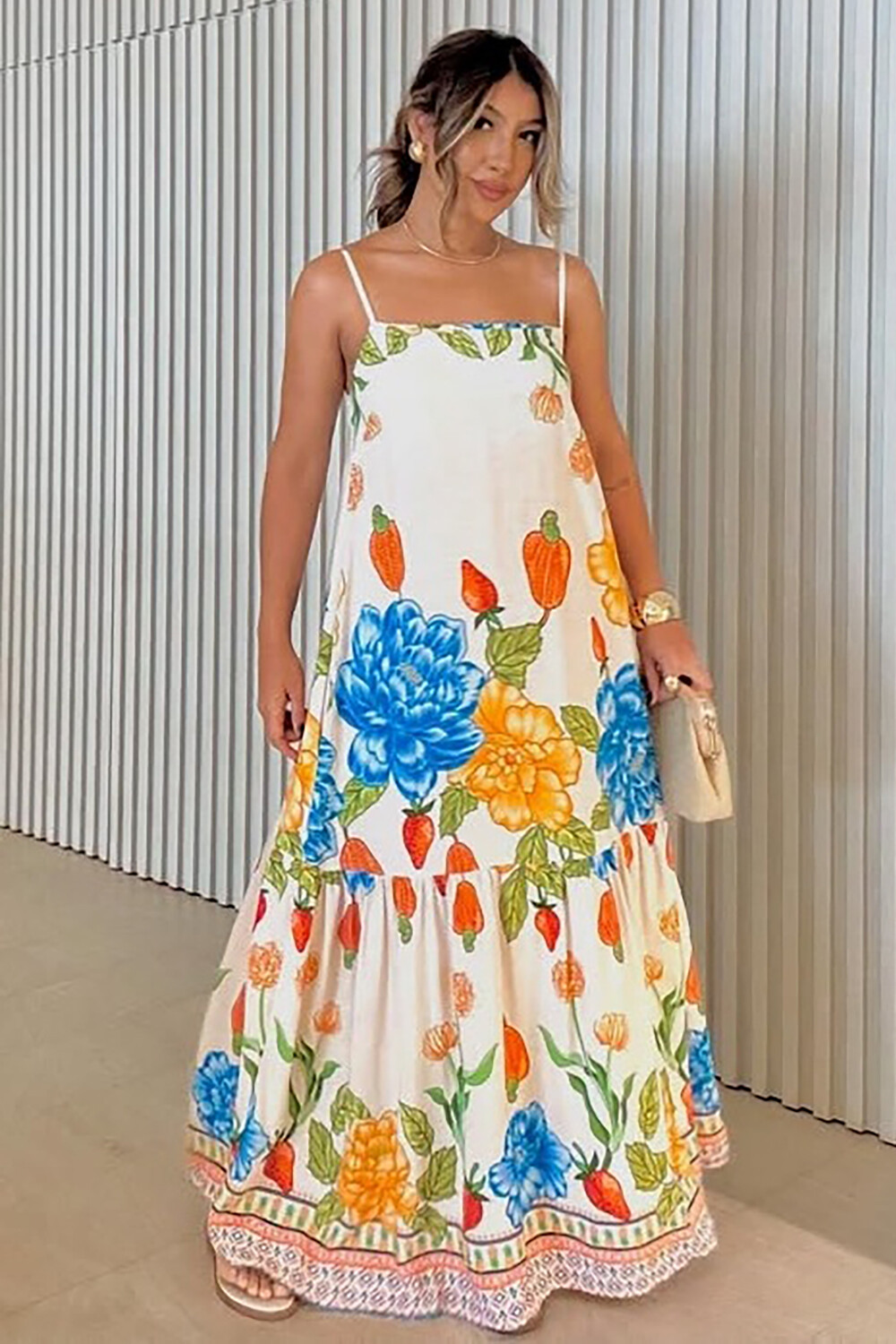 Boat Neck Floral Print Loose Fit Strappy Maxi Dresses-OffWhite