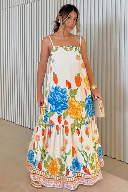 Boat Neck Floral Print Loose Fit Strappy Maxi Dresses-OffWhite