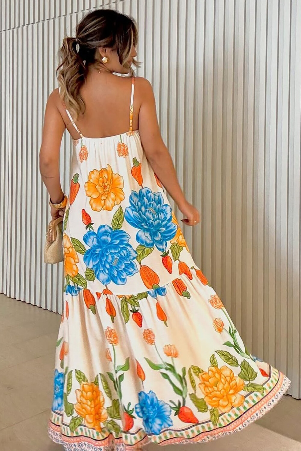 Boat Neck Floral Print Loose Fit Strappy Maxi Dresses-OffWhite