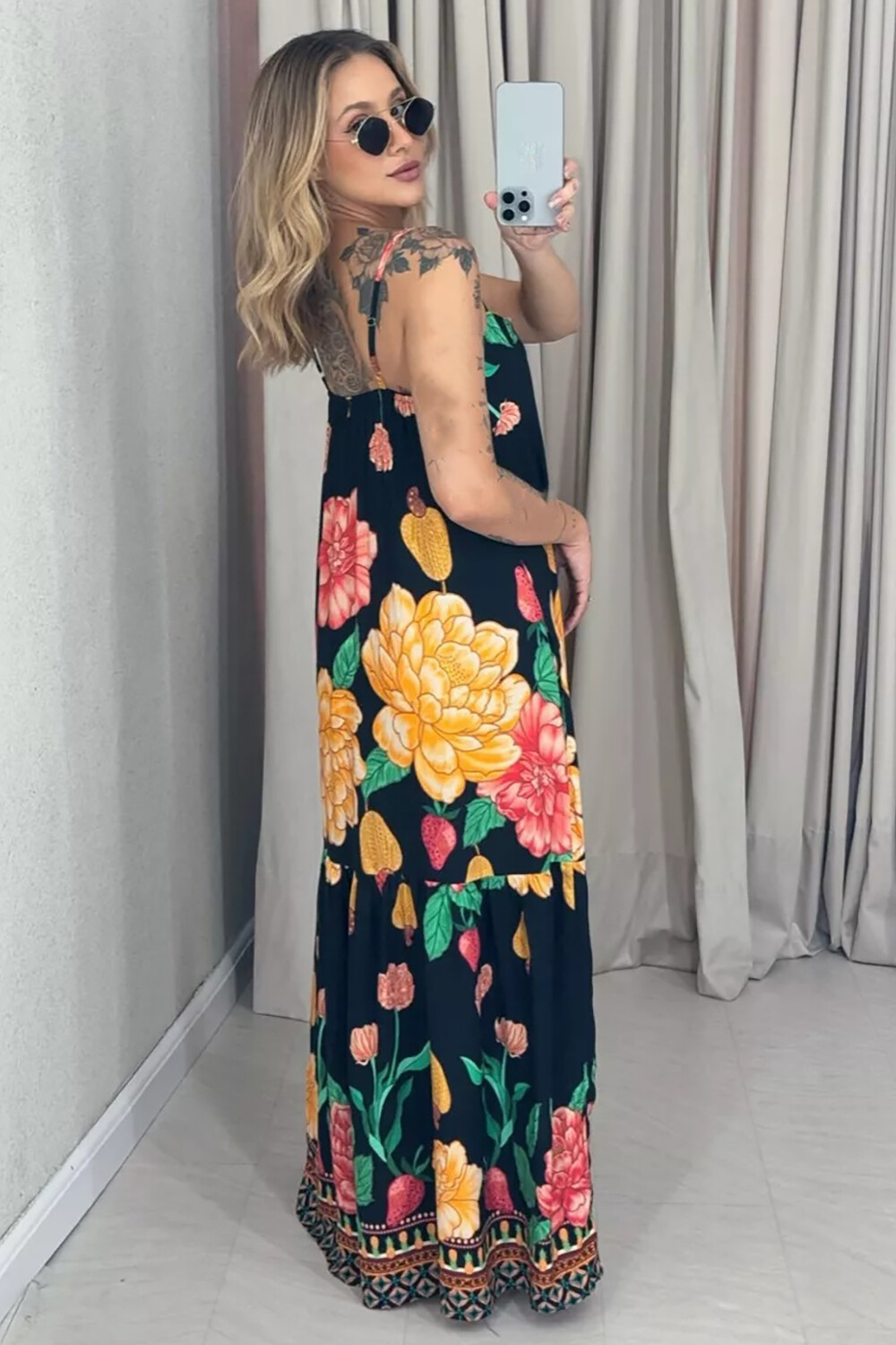 Boat Neck Floral Print Loose Fit Strappy Maxi Dresses-OffWhite