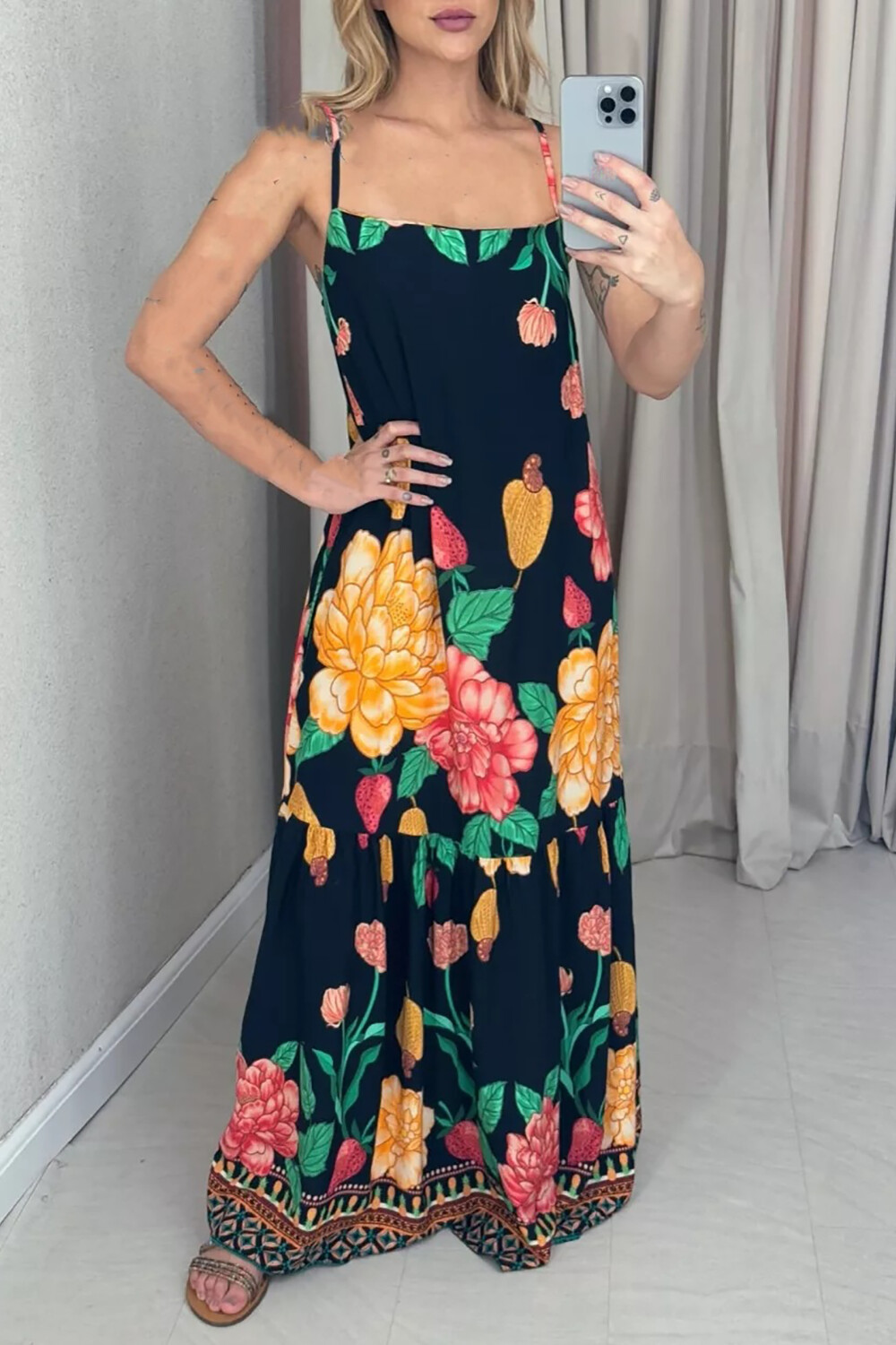 Boat Neck Floral Print Loose Fit Strappy Maxi Dresses-OffWhite