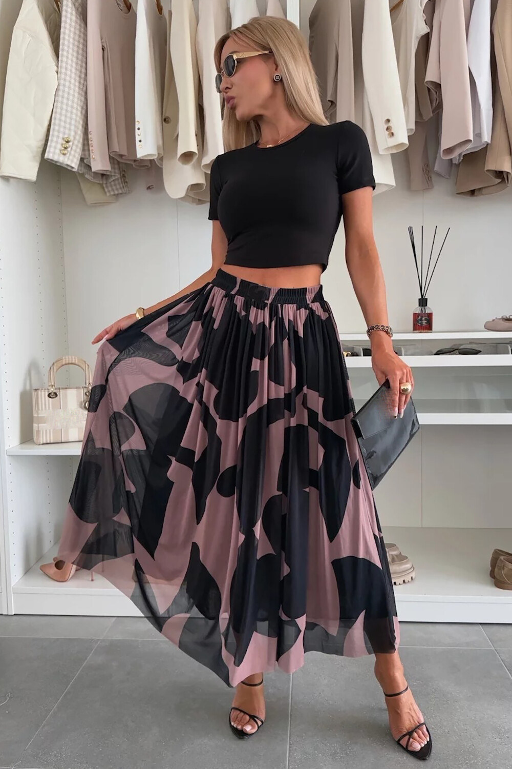 Geometric Print Mesh Casual Midi Skirt-Black