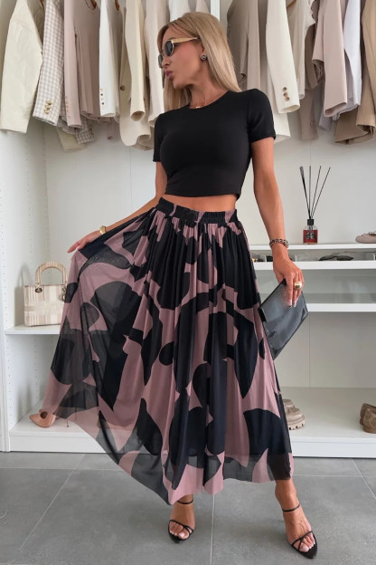 Geometric Print Mesh Casual Midi Skirt-Black
