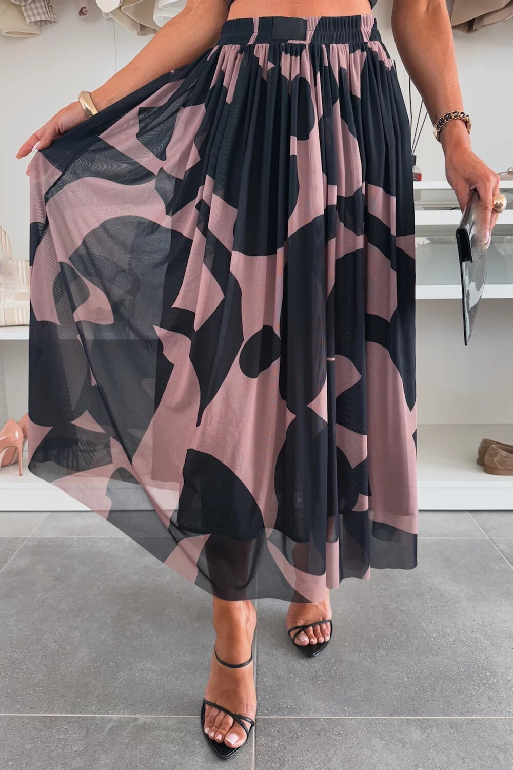 Geometric Print Mesh Casual Midi Skirt-Black