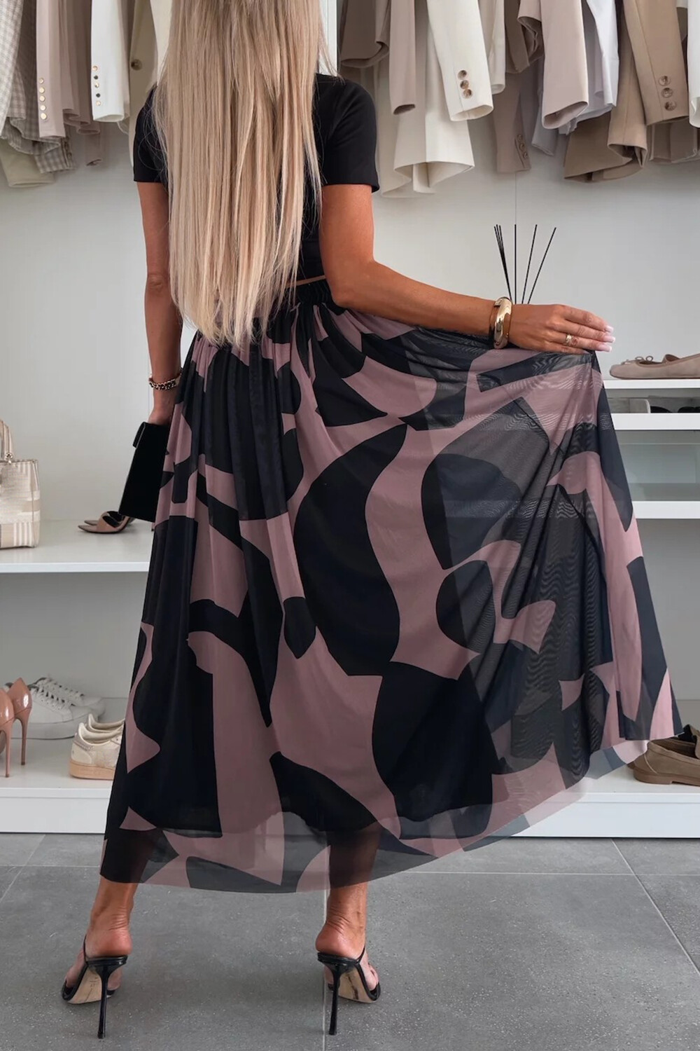 Geometric Print Mesh Casual Midi Skirt-Black