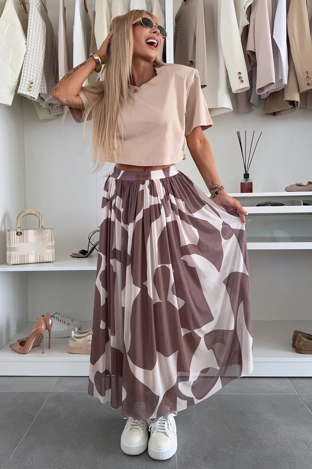 Geometric Print Mesh Casual Midi Skirt-Black
