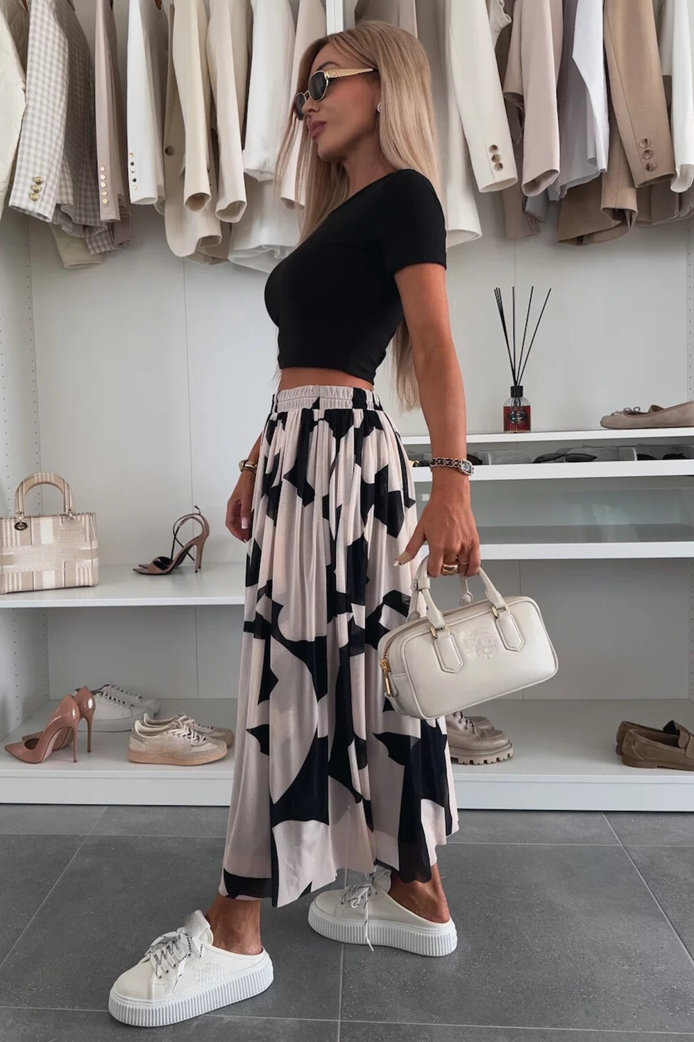 Geometric Print Mesh Casual Midi Skirt-Black