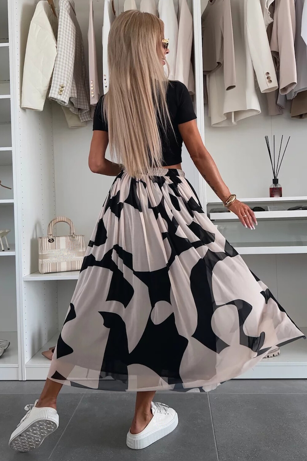 Geometric Print Mesh Casual Midi Skirt-Black