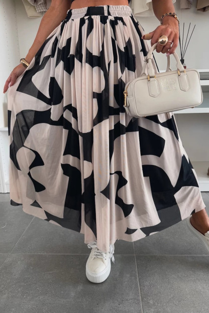 Geometric Print Mesh Casual Midi Skirt-Black
