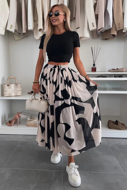 Geometric Print Mesh Casual Midi Skirt-Black