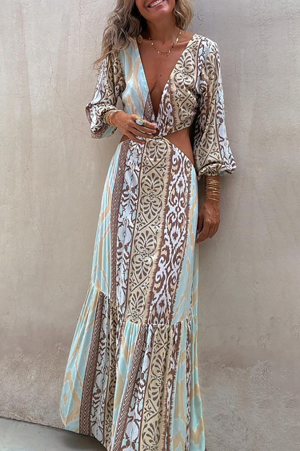 Boho Print Deep V Neck Long Sleeve Cutout Backless Maxi Dresses-Green