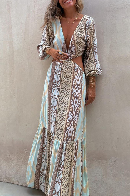 Boho Print Deep V Neck Long Sleeve Cutout Backless Maxi Dresses-Green