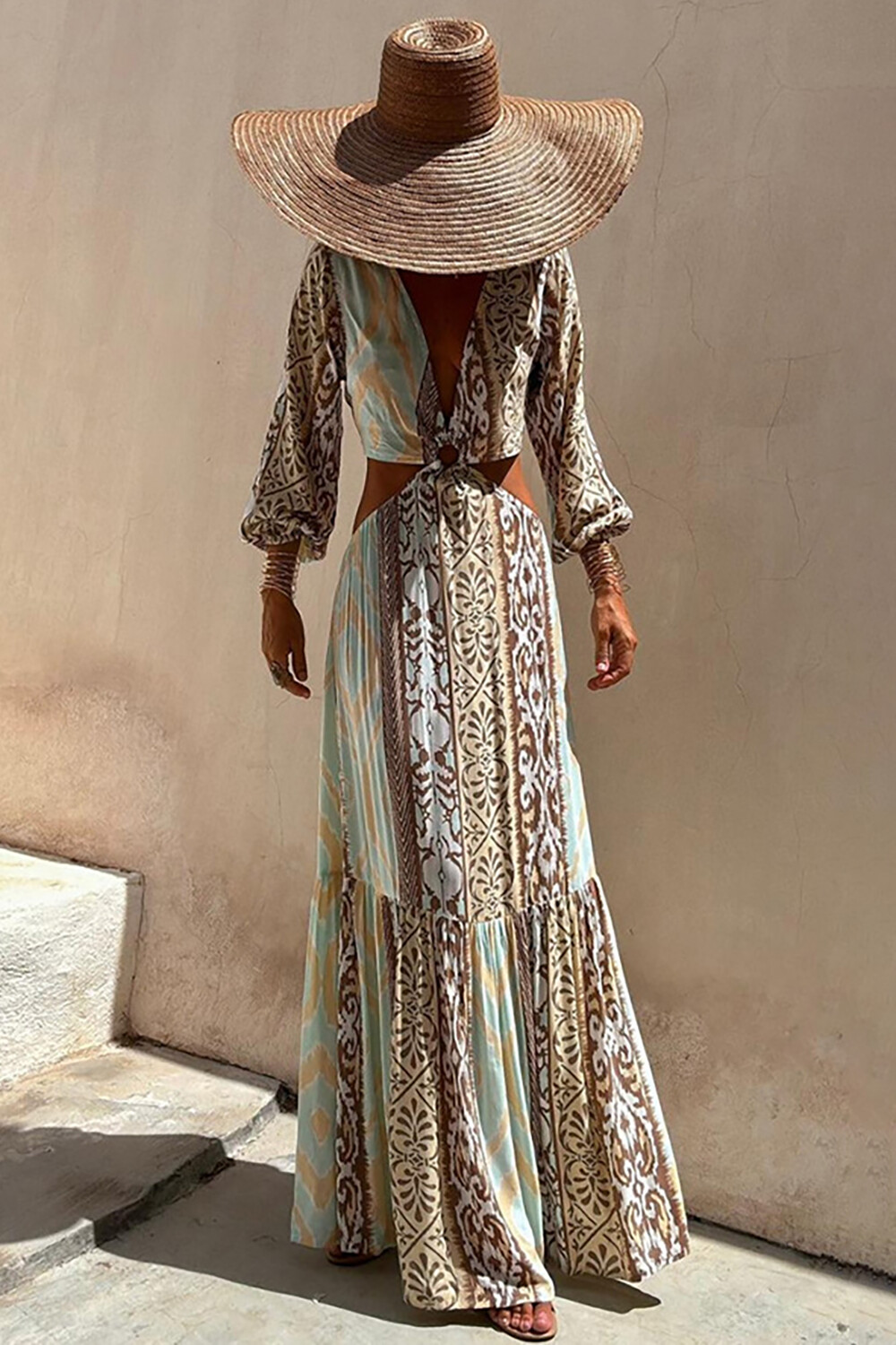 Boho Print Deep V Neck Long Sleeve Cutout Backless Maxi Dresses-Green