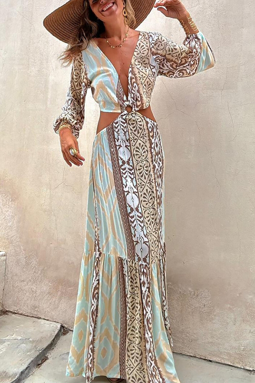 Boho Print Deep V Neck Long Sleeve Cutout Backless Maxi Dresses-Green