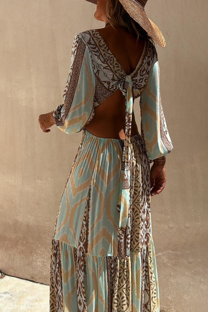 Boho Print Deep V Neck Long Sleeve Cutout Backless Maxi Dresses-Green