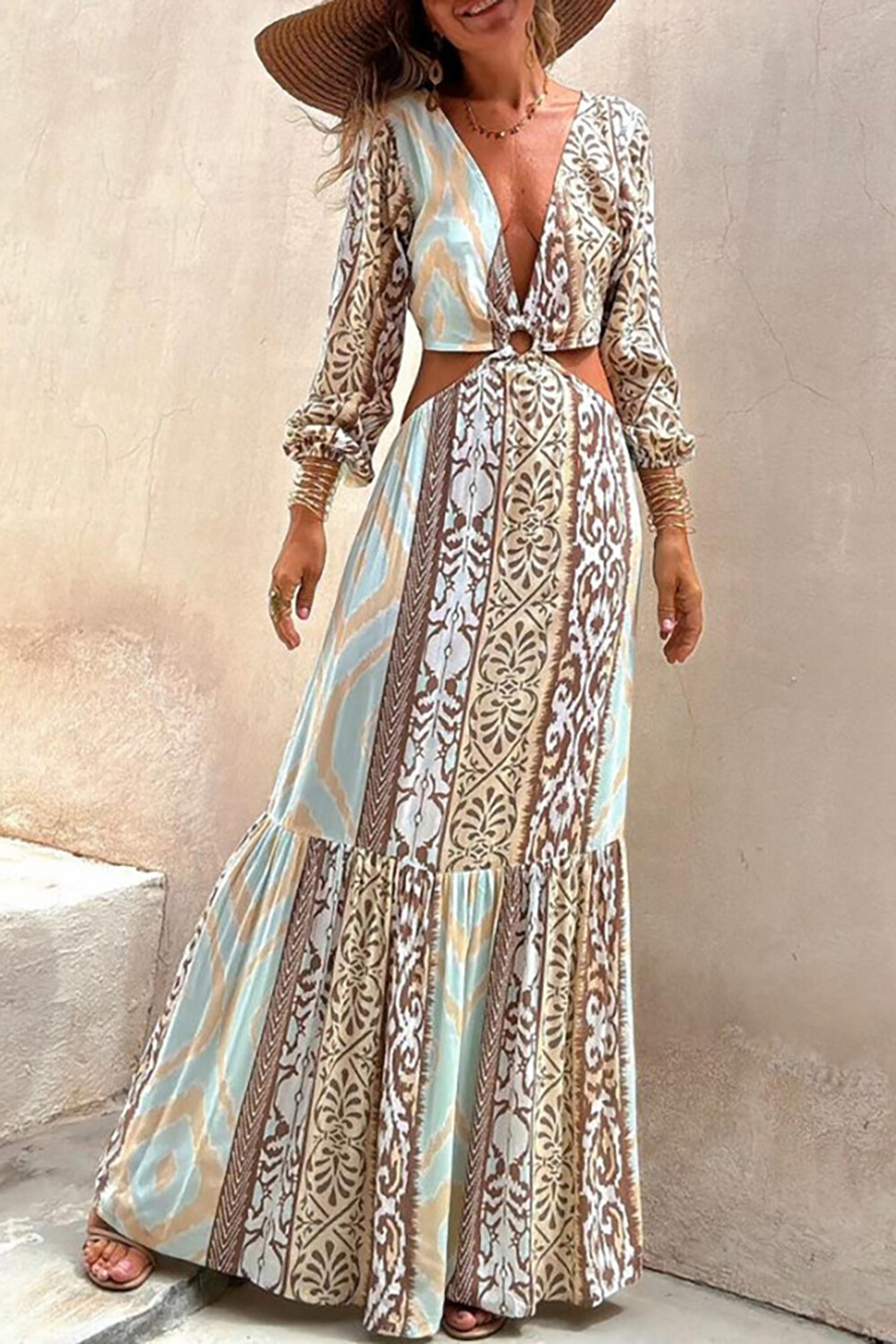 Boho Print Deep V Neck Long Sleeve Cutout Backless Maxi Dresses-Green