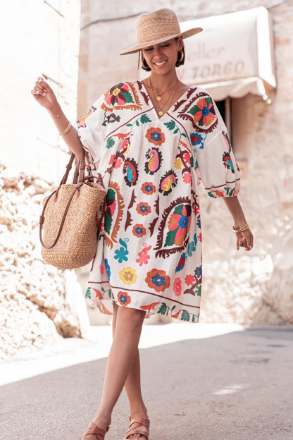 Floral Print V Neck 3/4 Sleeve Loose Fit Vacation Mini Dresses-White
