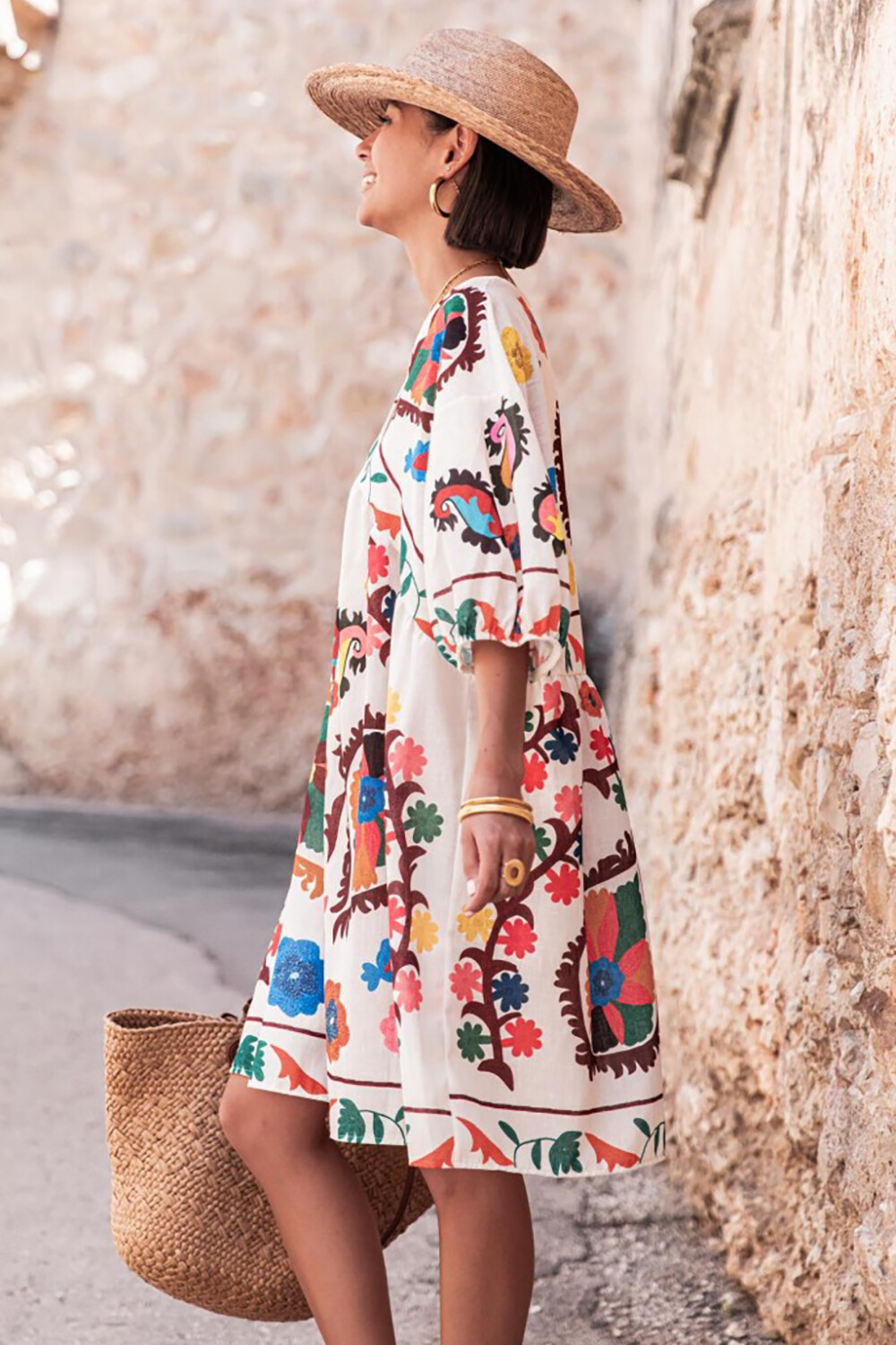 Floral Print V Neck 3/4 Sleeve Loose Fit Vacation Mini Dresses-White