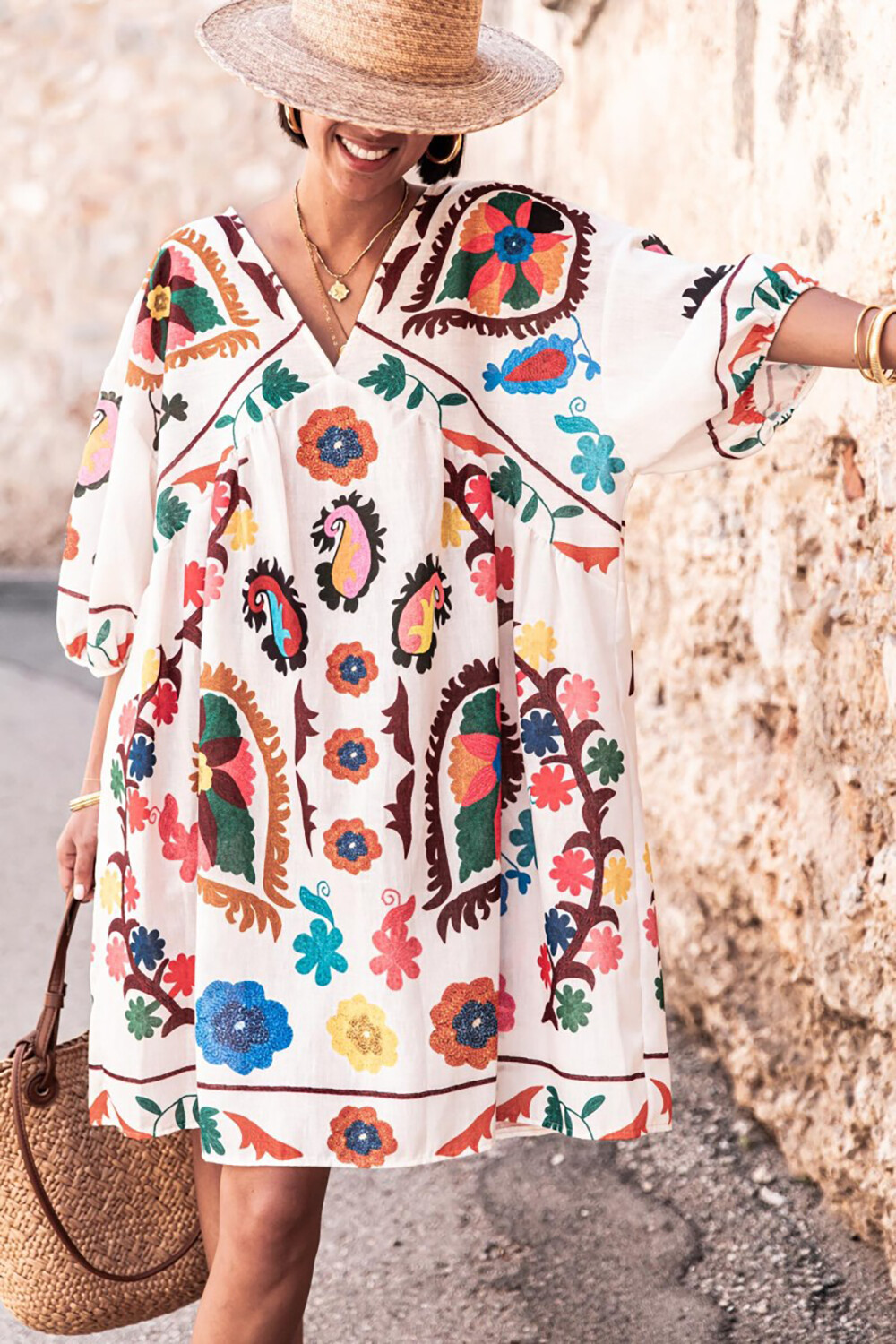 Floral Print V Neck 3/4 Sleeve Loose Fit Vacation Mini Dresses-White