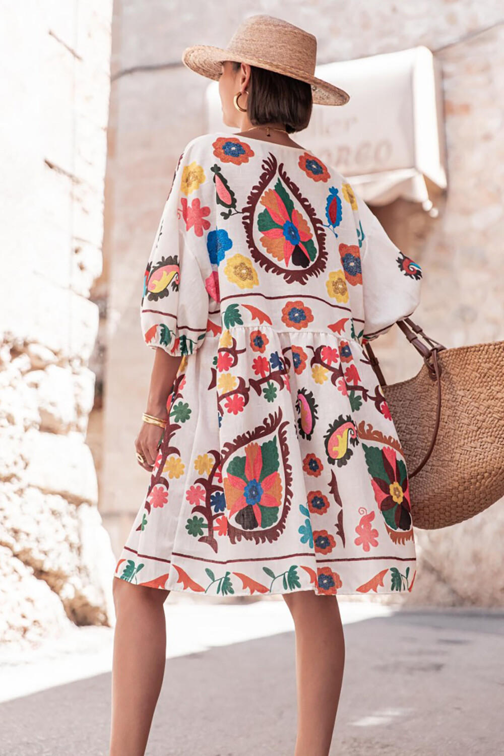 Floral Print V Neck 3/4 Sleeve Loose Fit Vacation Mini Dresses-White