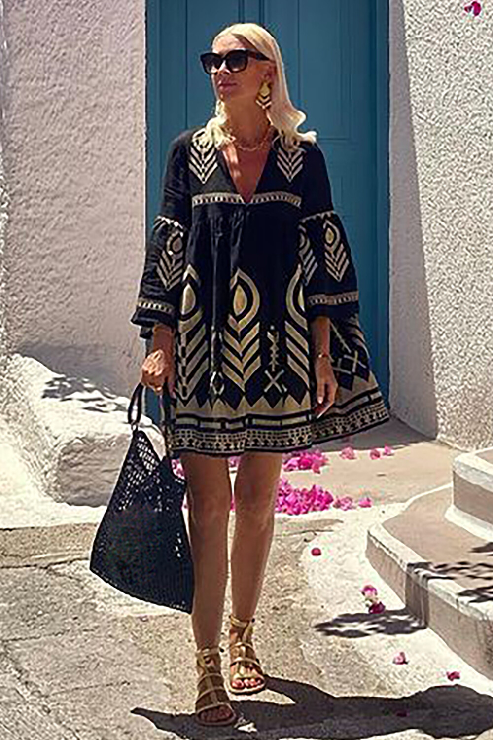 V Neck 3/4 Sleeve Abstract Print Loose Fit Vacation Mini Dresses-Black