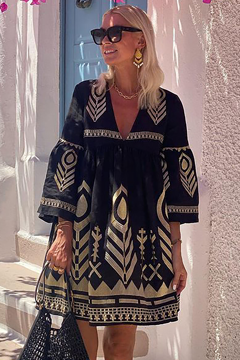 V Neck 3/4 Sleeve Abstract Print Loose Fit Vacation Mini Dresses-Black