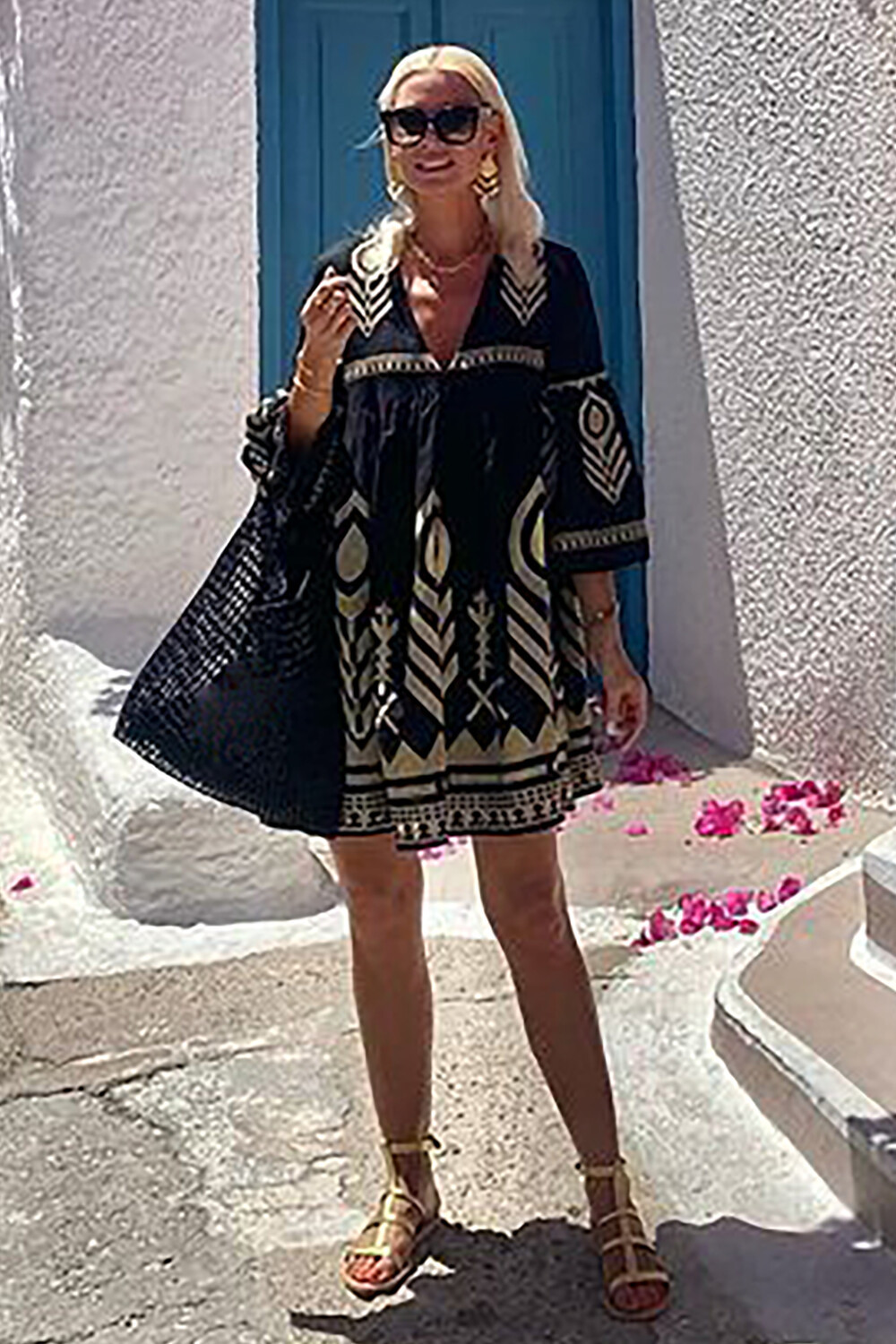V Neck 3/4 Sleeve Abstract Print Loose Fit Vacation Mini Dresses-Black