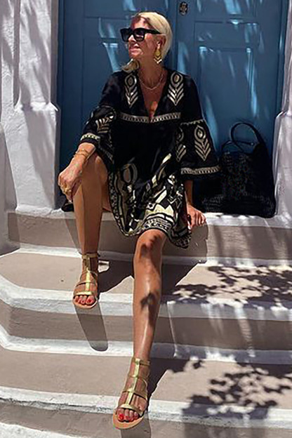 V Neck 3/4 Sleeve Abstract Print Loose Fit Vacation Mini Dresses-Black